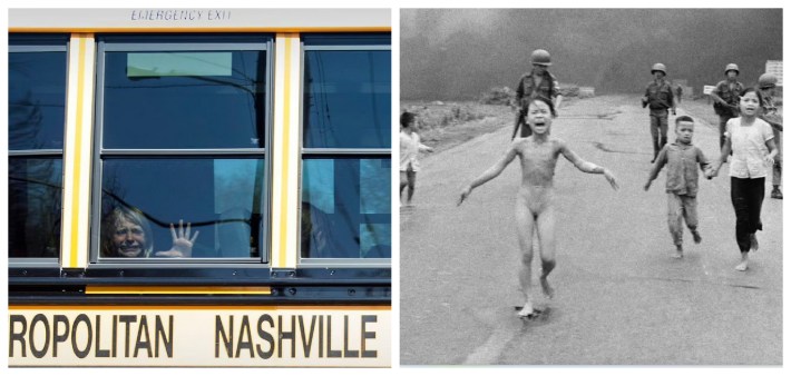 Haunting photographs taken over 50 years apart, yet the torment of two girls feels identical. The iconic photo by Nick Uts of screaming children fleeing a deadly napalm attack has become a defining image of the Vietnam war. (L) Nicole Hester’s photo of a crying child in Nashville deserves the same iconic status.