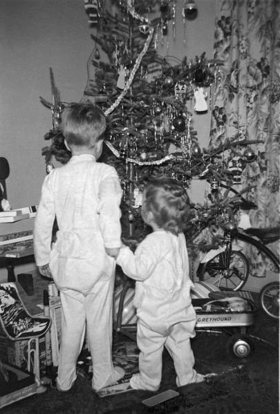 Mid century children and Christmas tree