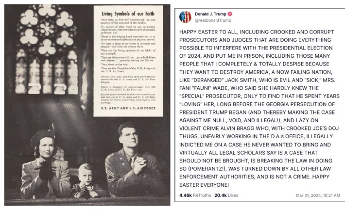 Vintage ad, and Trumps Truth Social post Easter